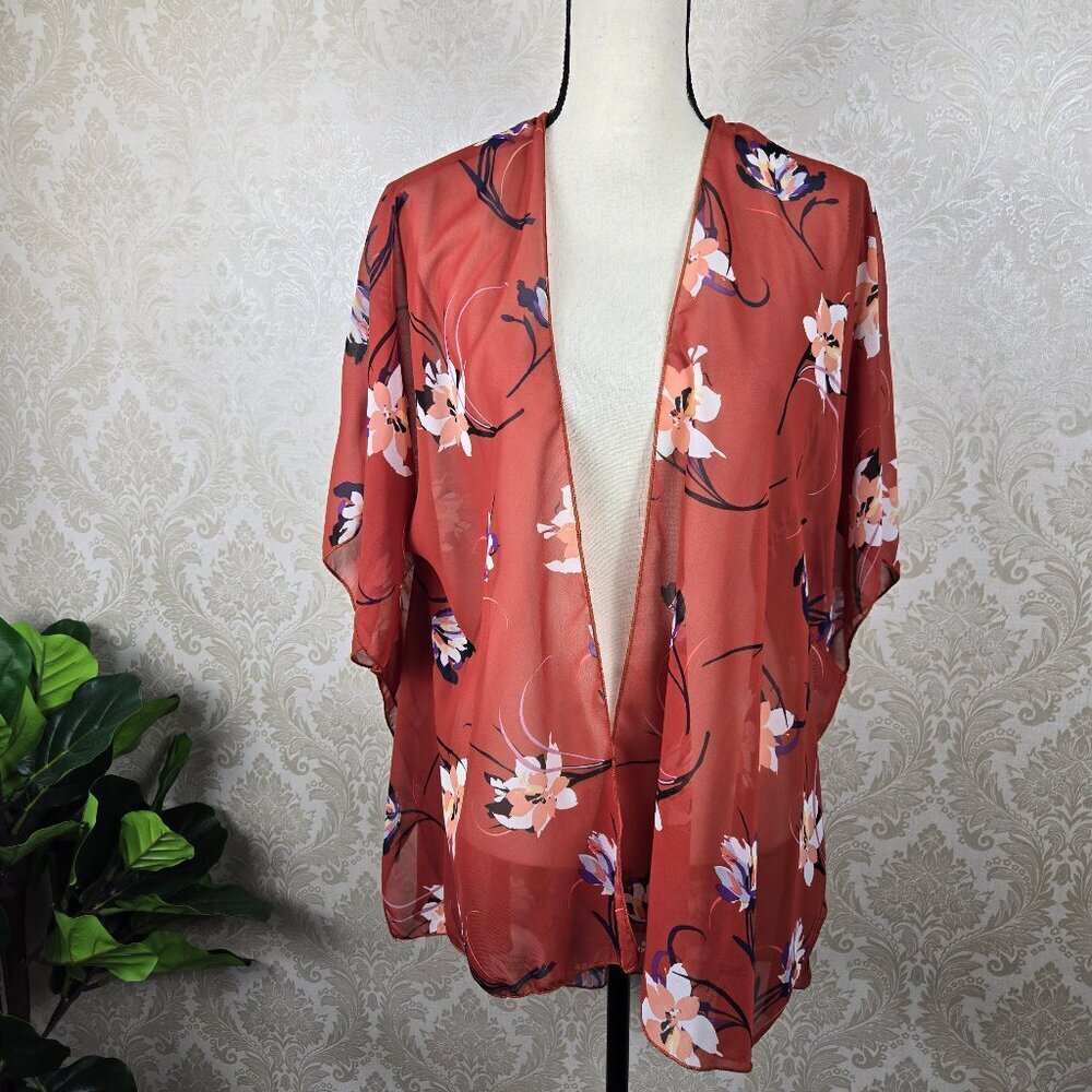 Emory Park Size Small Calay Burnt Orange Kimono Floral Pattern Open Front NWT